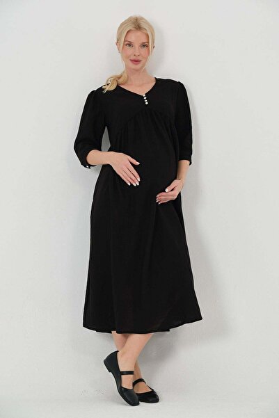 BUSA فستان للحوامل بياقة على شكل V وأكمام نصفية متوسطة الطول كتان أسود