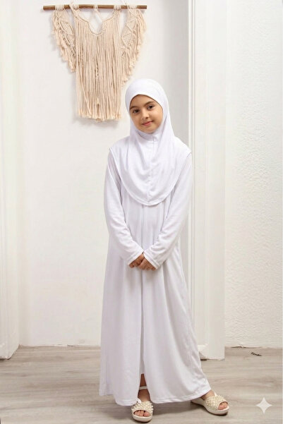 Defkay Kız Çocuk Namaz Elbisesi - Kendinden Başörtülü Önü Fermuarlı Pratik Model