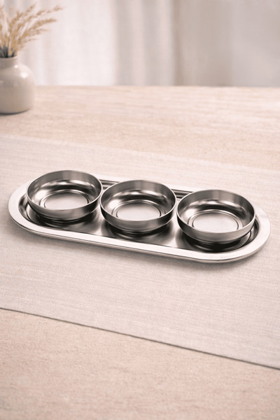 Sarkap Home 3'lü 10x3,2 cm Çerezlik ve 16x35 cm Sunumluk Tepsi Seti - Silver