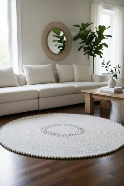 home inn Minimal Yuvarlak Hasır Stil Halı – Bohem Dekoratif Salon Halısı Püsk...