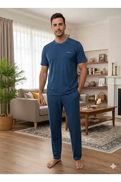 Asel Men's Short Sleeve Pocketed Stretch Fabric Combed Cotton Fabric Pajama Set