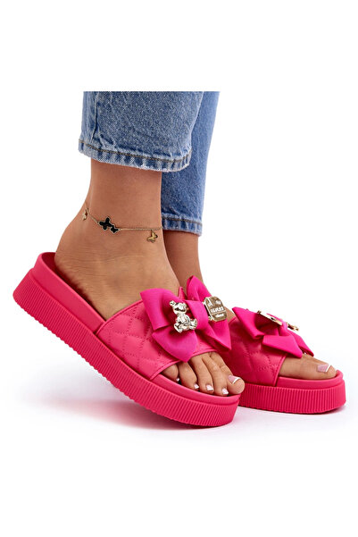 BOTO Papuci de damă cu fundă și ursuleț decorativ fuchsia Katerina 41