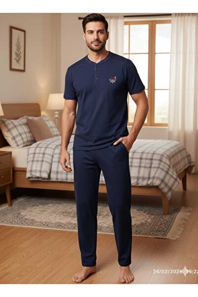 Asel Men's Short Sleeve Pocketed Stretch Fabric Combed Cotton Fabric Pajama Set