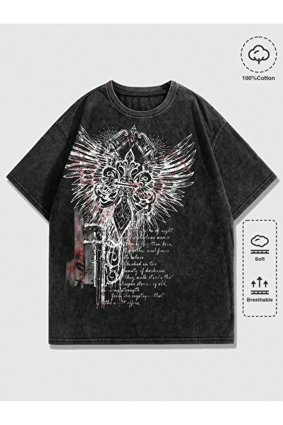 Touz Vintage Gothic Graphic Yıkamalı Oversize T-Shirt