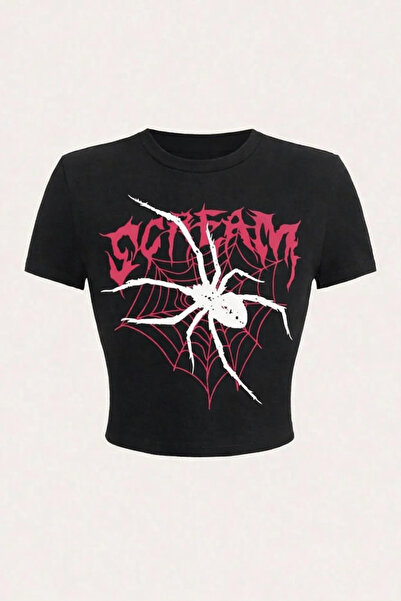 Bravebell Crop negru cu imprimeu gotic cu păianjen