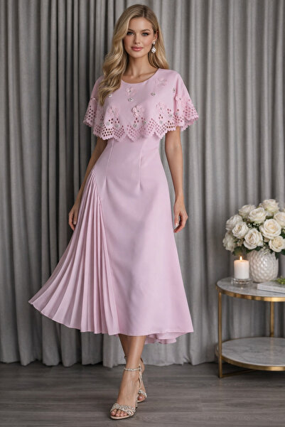 Verona Elegant women's midi dress with a decorative cape design and side pleat