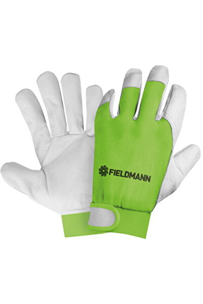 Fieldmann Work Gloves Made of Sheep Leather with Elastic, White-Green