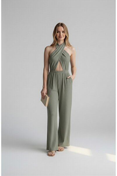 Altamira Women's Green Halter Neck Jumpsuit Tie-Detail Backless
