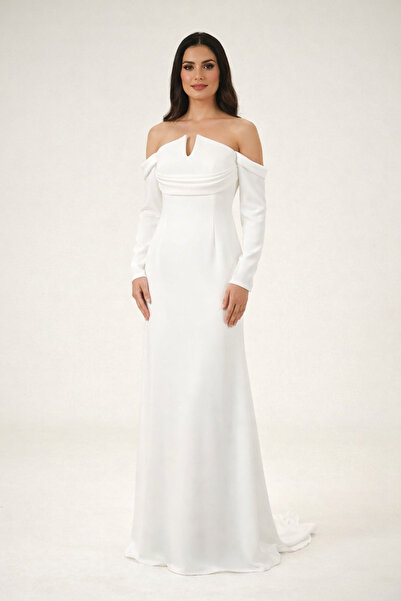 ALFABETA KADIN ABİYE UZUN YAKA VE KOL DETAYLI DRAPELİ ŞIK DAVET ELBİSESİ