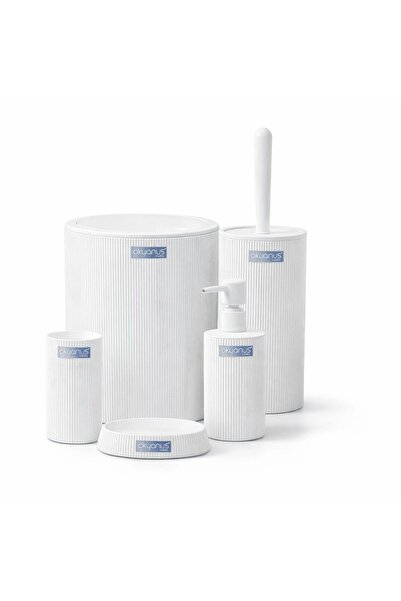 TEKZEN Set accesorii baie 5 piese – dozator săpun, suport periuțe, perie WC, suport săpun și coș, alb