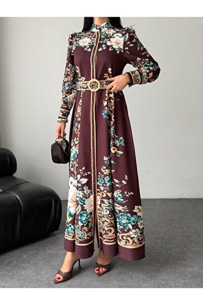 NEW JOURNAL Γυναικείο Καφέ Ύφασμα Άτλας με ψηλός λαιμός Κουμπιά Φόρεμα Μάξι Ζ...