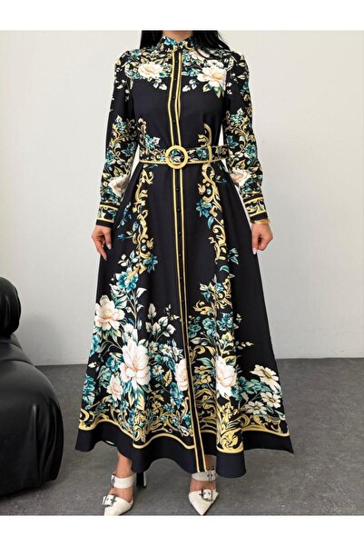 NEW JOURNAL Rochie maxi neagră din țesătură Atlas, cu guler ridicat nasturi, ...