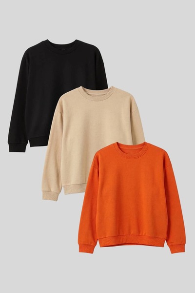 3'lü Ekonomik Paket Turuncu-Bej-Siyah Unisex Bebek Ve Çocuk Sweatshirt - 1-8 Yaş Arası