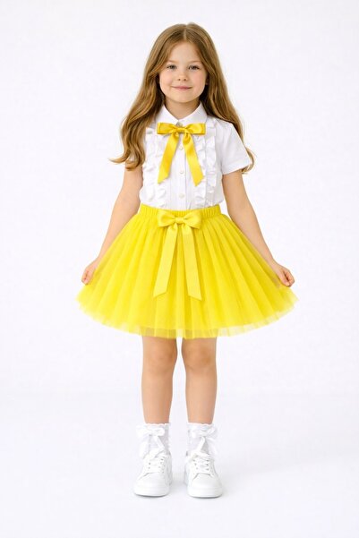 Nacar Şık Tasarımlı Kız Çocuk Fırfırlı Gömlek ve Tütü Etek Takımı 23 Nisan 29...