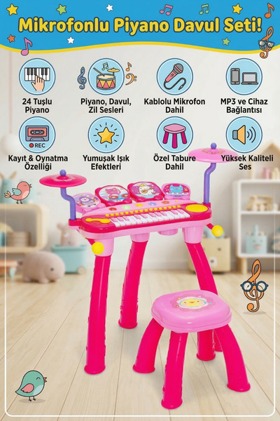 craftivio Mikrofonlu Işıklı Sesli Çocuk Oyuncak Piyano Davul Seti - Tabureli ...