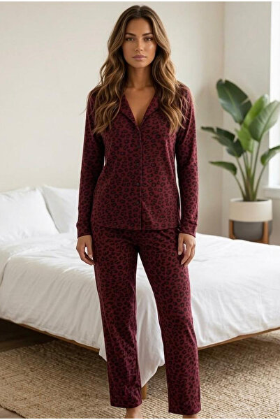 Siyah İnci burgundy black Leopard Print buttoned knit pajama set 7611