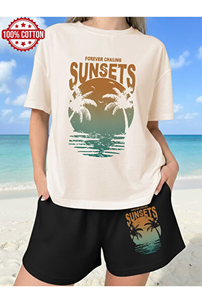 LAVİTTA SUNSET طقم تي شيرت أبيض للجنسين مطبوع مع شورت أسود محبوك من الأسفل
