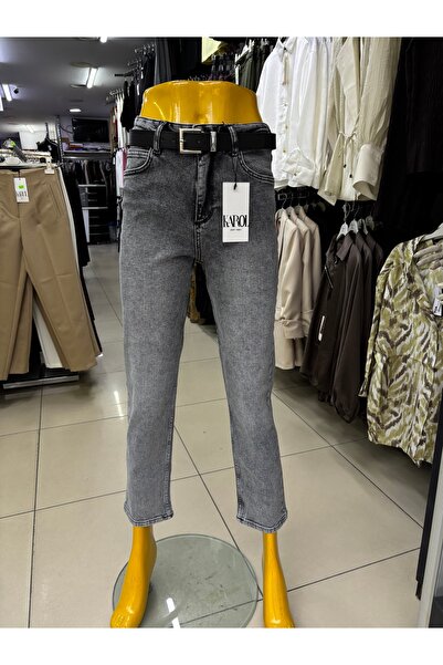 KAROL Gri Kemerli Normal Bel Likralı Slim Mom fit jeans