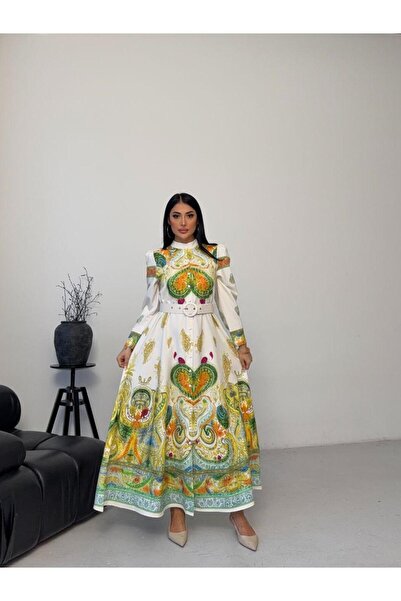 NEW JOURNAL Γυναικείο Εκρού-Πορτοκαλί Ύφασμα Άτλας ψηλός λαιμός Φόρεμα Μάξι Ζ...