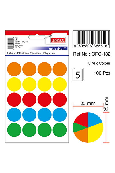 Tanex Color Mix Self-Adhesive Labels, D25 mm, 100 pcs/set