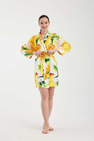 ZALİV Kadın Sarı Çiçek Desenli Kuşaklı Mini Kimono Elbise