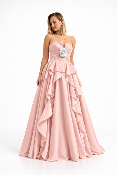 Nazzan KADIN ABİYE PUDRA VOLAN DETAYLI KALP YAKA YIRTMAÇLI ABİYE ŞIK DAVET VE...