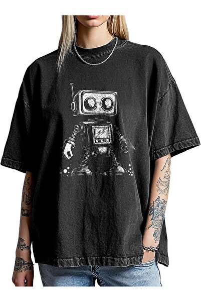 ship master Unisex Retro Robot με τύπωμα Washed oversized T-Shirt 100% Βαμβάκ...