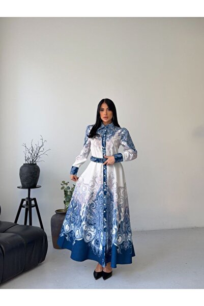 NEW JOURNAL Γυναικείο Λευκό- μπλε κοβαλτίου Atlas Fabric Γιακάς πουκαμίσου Με...