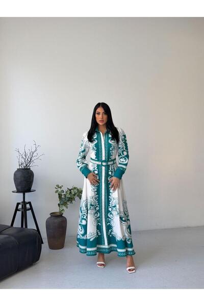 NEW JOURNAL Rochie maxi din țesătură Petrol Atlas pentru femei, guler de căma...