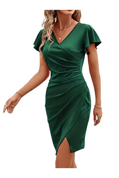 HYEM Short-Sleeved Ruffled Double-Breasted Neckline Side-By-Side Ruched Impor...