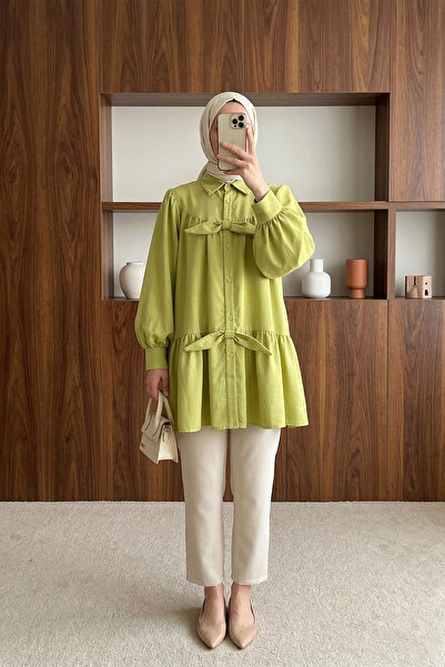 MODAQU Buttoned Loose Tunic Shirt with Ribbon Detail on the Front - Olive Green