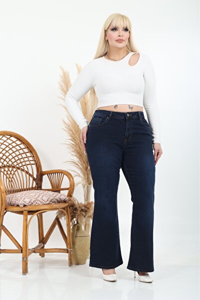 Era Lisa Koyu Lacivert İspanyol Paça Full Likralı Büyük Beden Jeans Pantolon