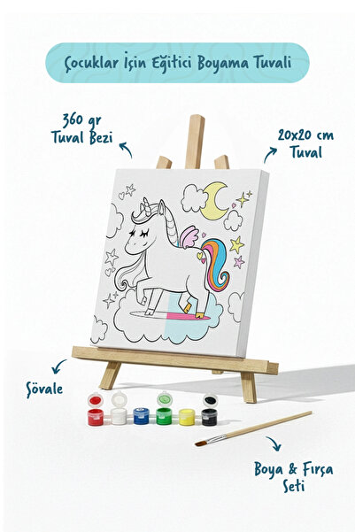Tabdiko Unicorn Temalı Çocuk Boyama Tuvali Seti – Şövaleli Eğitici Boyama Set...