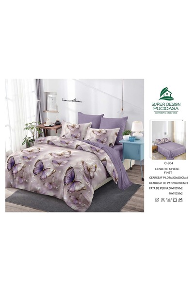 Antoniabeautyshop Lenjerie de pat 6 piese Finet cu fluturi mov eleganți C-904...