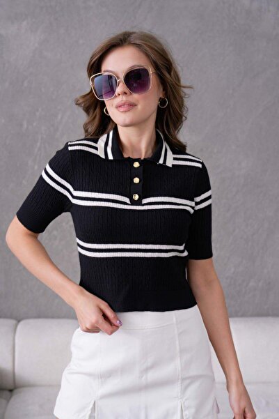 fuşyha butik Polo Collar Plain Line Patterned Knitwear Sweater
