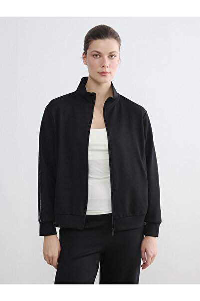 LC Waikiki سويت شيرت أسود ياقة مرتفعة متوسطة الطول تفاصيل مخططة للسيدات بسحّا...