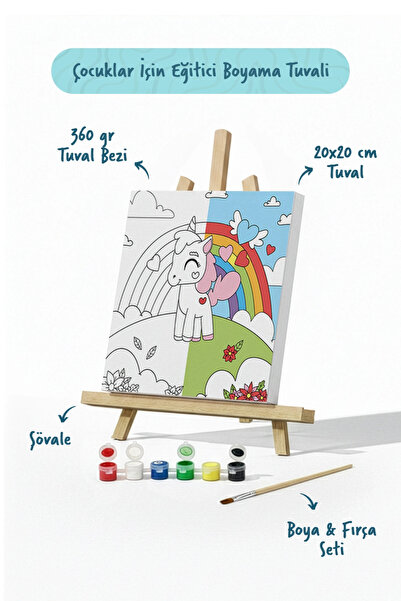 Tabdiko Unicorn Figürlü Çocuk Boyama Tuvali – Şövaleli Boya Seti 20x20
