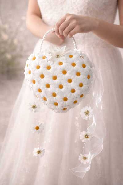 Acarflowers PAPATYA KALP ÇANTA FORMUNDA GELİN BUKETİ+GELİN TACI+YAKA ÇİÇEĞİ H...