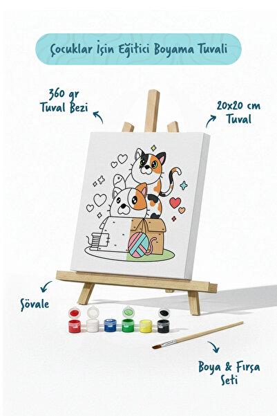 Tabdiko Kedi Figürlü Çocuk Boyama Tuvali – Şövaleli Boya Seti 20x20