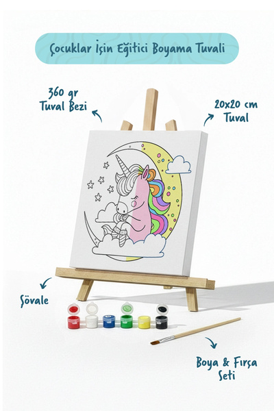 Tabdiko Unicorn Figürlü Çocuk Boyama Tuvali – Şövaleli Boya Seti 20x20