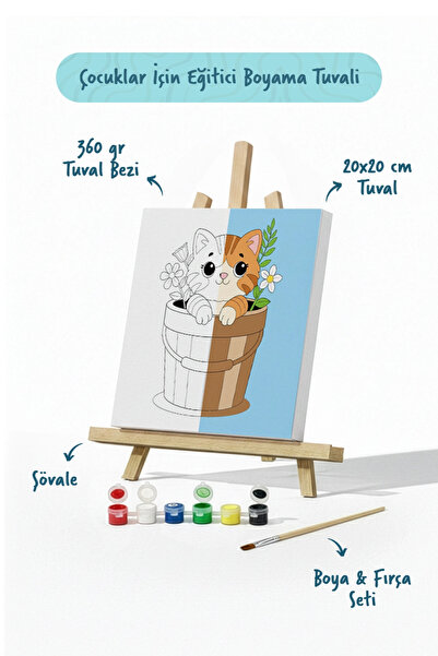 Tabdiko Sevimli Kedi Temalı Çocuk Boyama Tuvali – Şövaleli Eğitici Boyama Set...
