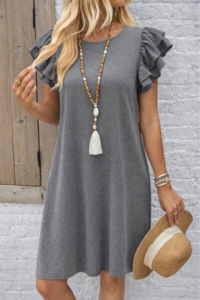 HYEM Short-Sleeved Crew Neck Ruffle Patterned Short Wrap Dress