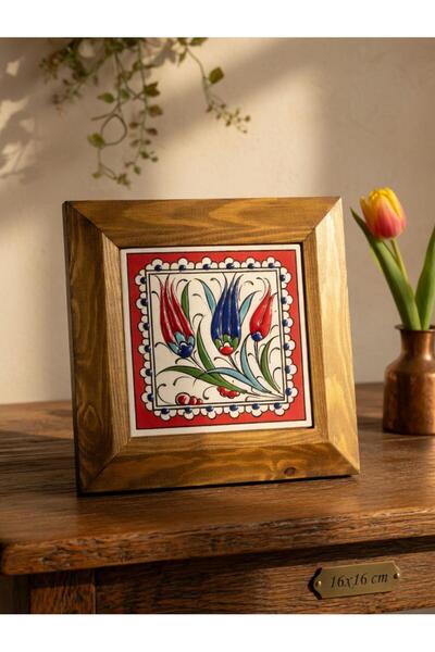 naturel glow El Yapımı İznik Çini lale Desenli Ahşap Çerçeveli Dekoratif Duva...