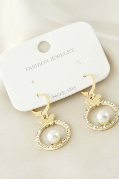 Bijuteri Net Round Butterfly Pearl Stone Metal Earrings