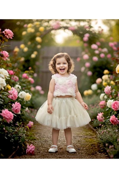 LİTTLE ANGELS بلوزة بناتي بتصميم الورد بقصة قصيرة وتنورة توتو كريمية، طقم أني...