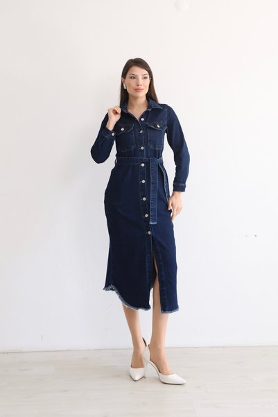 BLUE NATIONAL JEANS Women's Belt Li Denim Shirt Dress Midi Length Buttoned Casual Stylish Denim Dress Bnj-999