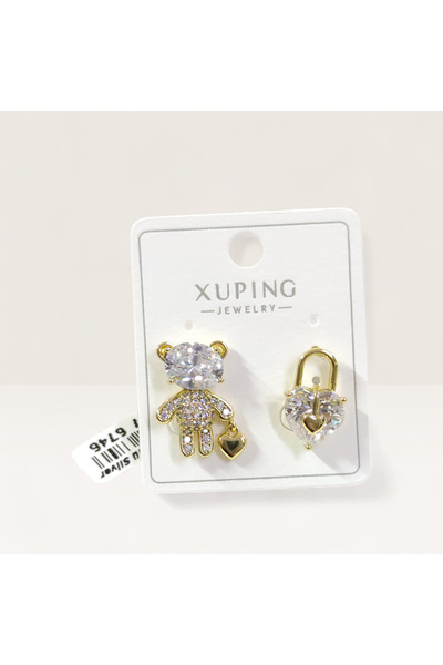 Güler Yüzlü Silver XUPING KALP AYICIK KOMBİN ÇİVİ KÜPE GOLD