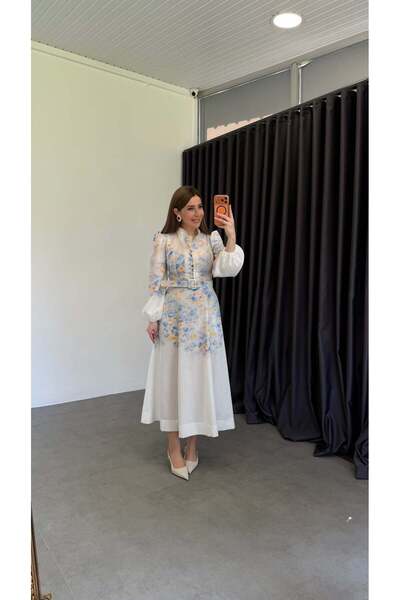 elif teke Softy Blue Crispy Flower Printed Dress Baby Blue