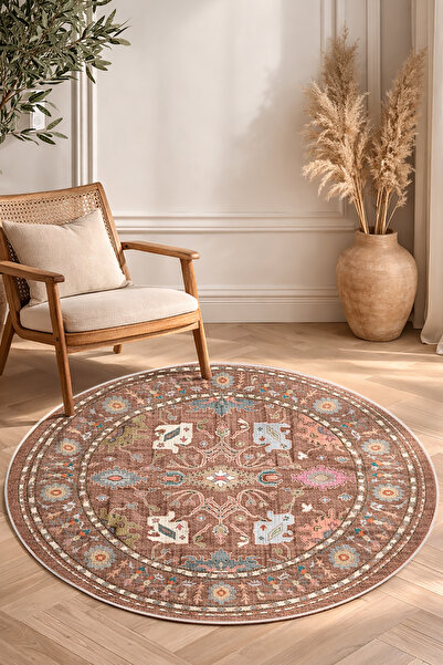 Decomia Home Dijital Kaymaz Yıkanabilir Renkli Vintage Yuvarlak Salon Halısı ...