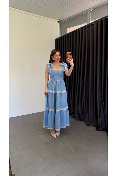 elif teke Lace Striped Dress with Tie Straps Blue